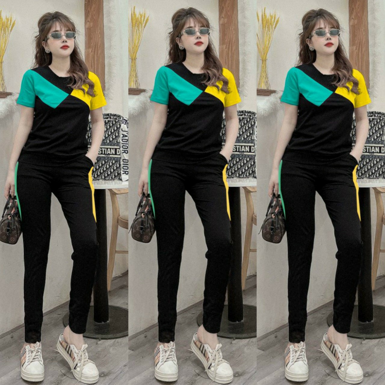 Đồ bộ thun cotton nữ thể thao phối màu thời trang