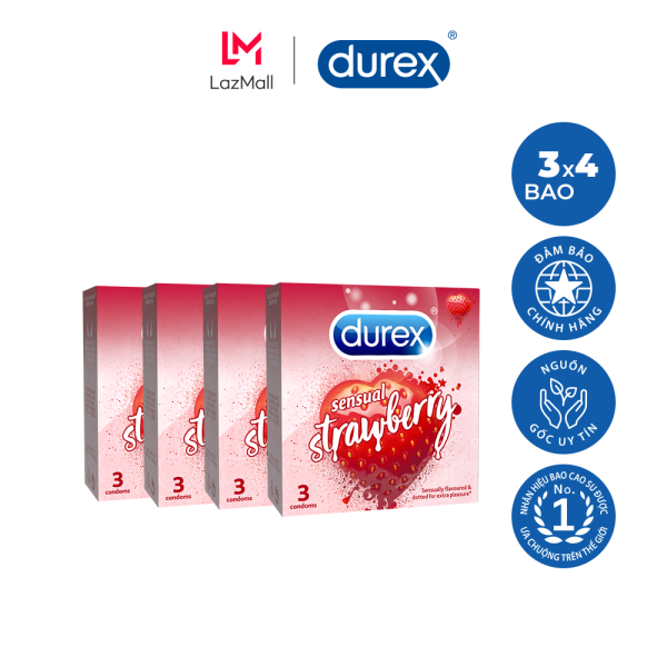 Bộ 4 bao cao su Durex Sensual Strawberry 3 bao - 4 hộp 12 bao nhập khẩu