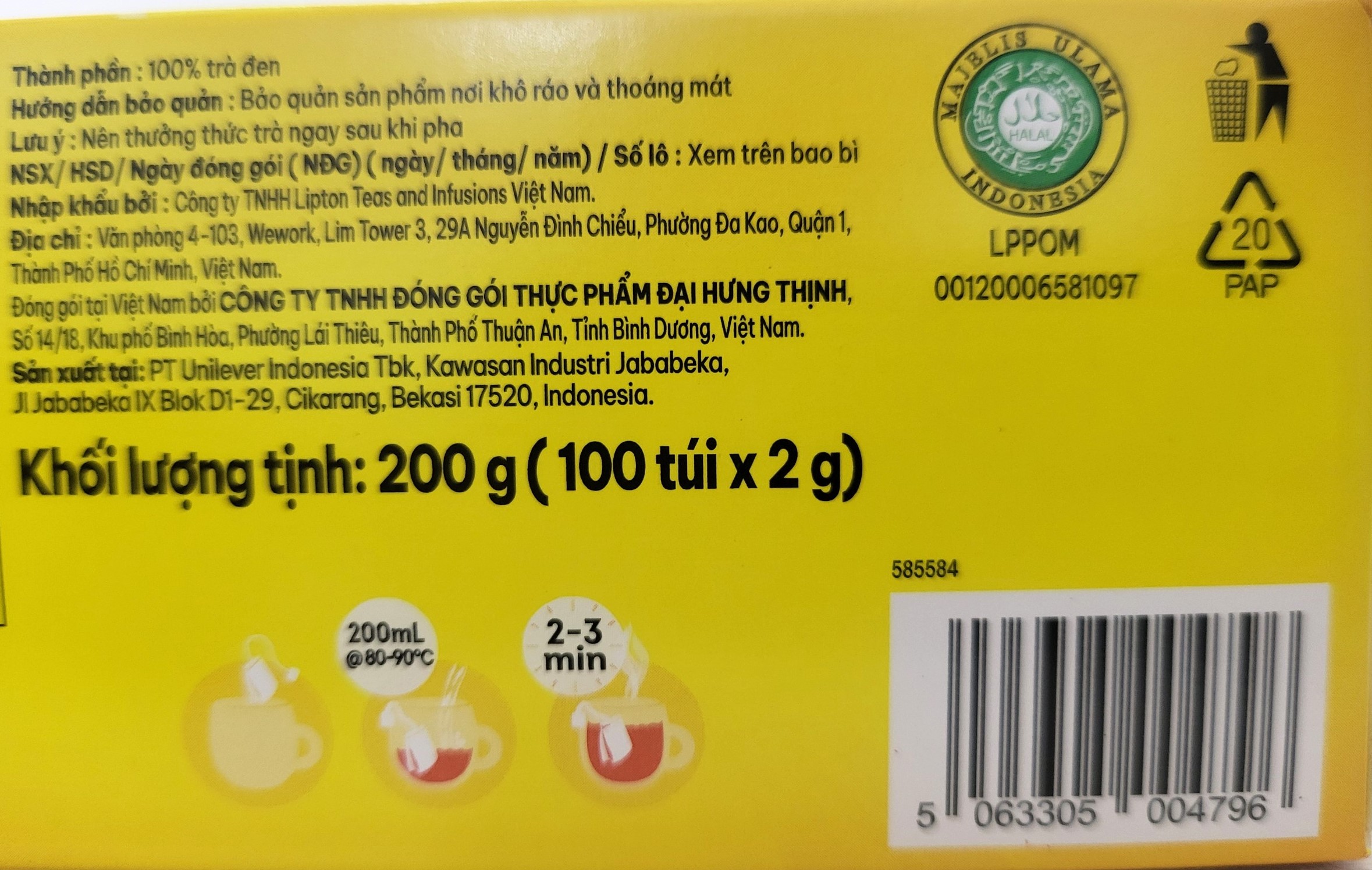 LIPTON (HỘP LỚN 200gr / 100 túi lọc) TRÀ ĐEN NHÃN VÀNG [Indonesia] LIPTON Yellow Label Tea Bags (HALAL)