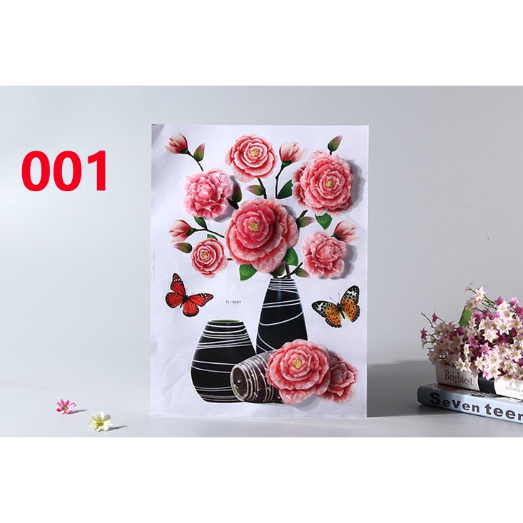 Decal Bình Hoa 3D Hoa nổi Decal Dán Trang Trí Tường,Tủ Lạnh,Kính Loại 1