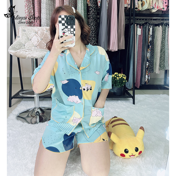 Bộ mặc nhà, bộ ngủ pijama quần đùi áo ngắn tay cánh dơi, phom rộng vải lụa mát lịm hot trend PJ122