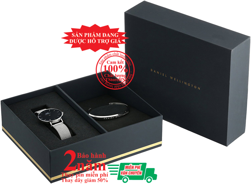 Hộp quà đồng hồ nữ DanieI Wellington Classic Petite Sterling 28mm + Vòng tay DW Cuff - màu bạc (Silver)- DW00500528SB