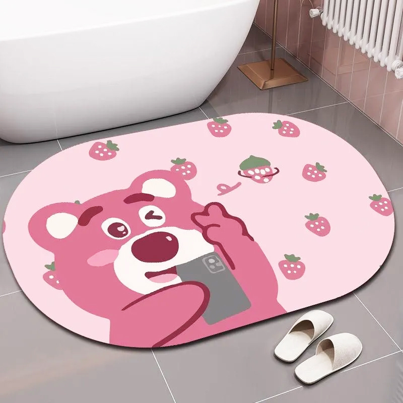 Tấm thảm chân silicon gấu hồng chống trượt nhiều mẫu, thảm oval dậm chân bathroom hình gấu cute, thảm lông lau chân lót sàn, thảm bathroom hình oval
