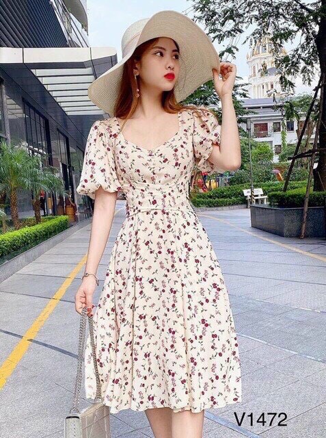 Đầm voan hoa dây nịt bụng thời trang du lịch anzin