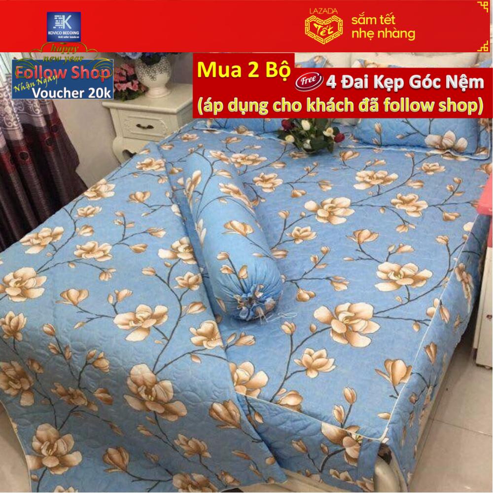 Trọn Bộ 5 món Chăn Ga Gối Phủ Chần Bông Kovico Hoa Đỗ Quyên 1m6x2m