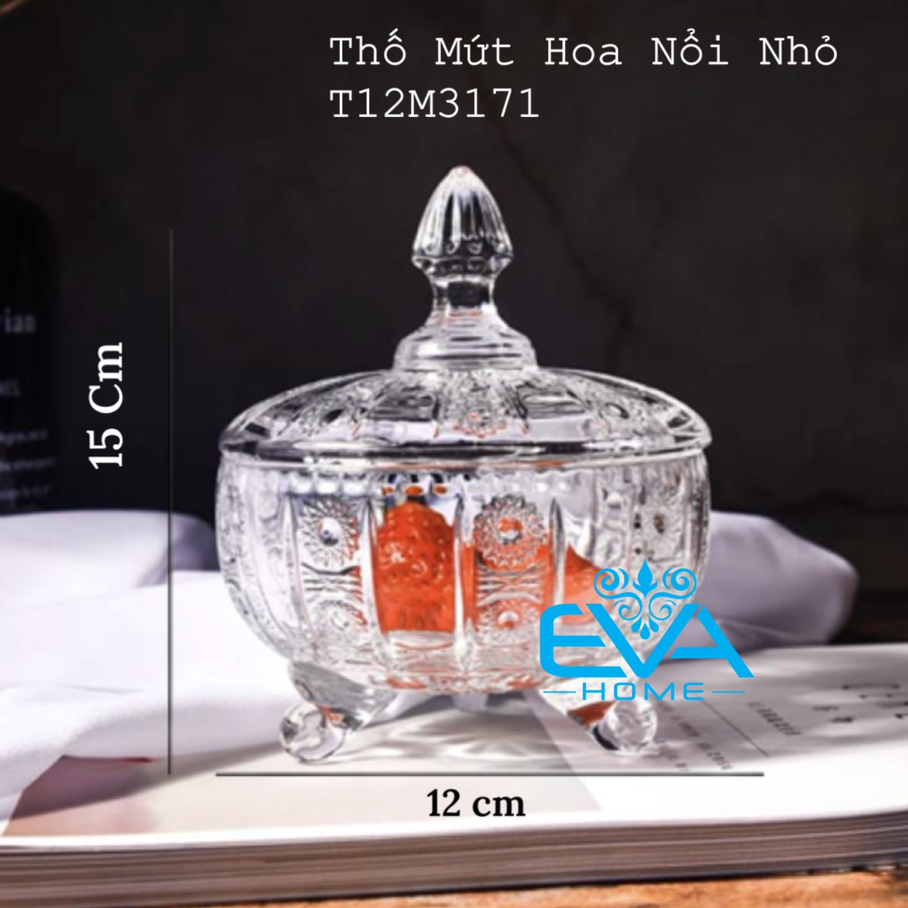 Bộ 4 thố mứt thuỷ tinh pha lê delisoga vuông hoạ tiết sọc caro phong cách royal sang trọng / set 4 thố mứt tết thố caro tg1035-4.5 m362
