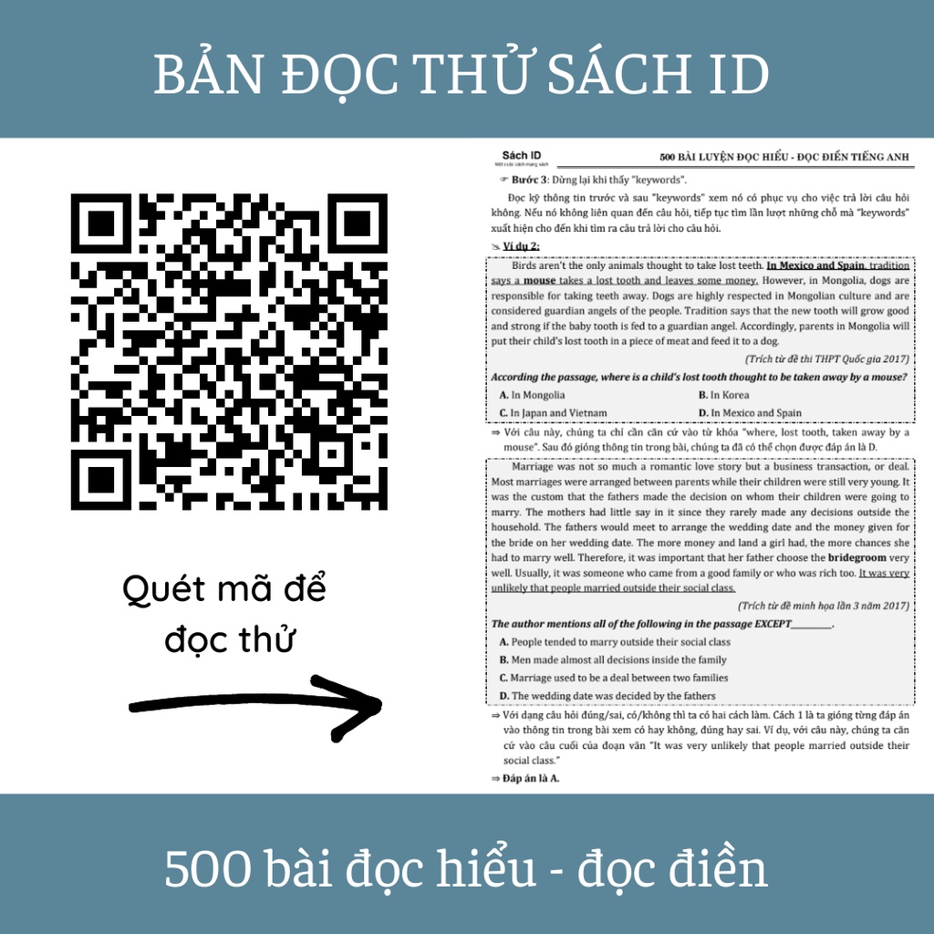 Sách ID Moonbook Tiếng Anh cô Trang Anh: 500 bài đọc hiểu đọc điền ôn thi THPT Quốc Gia 2023