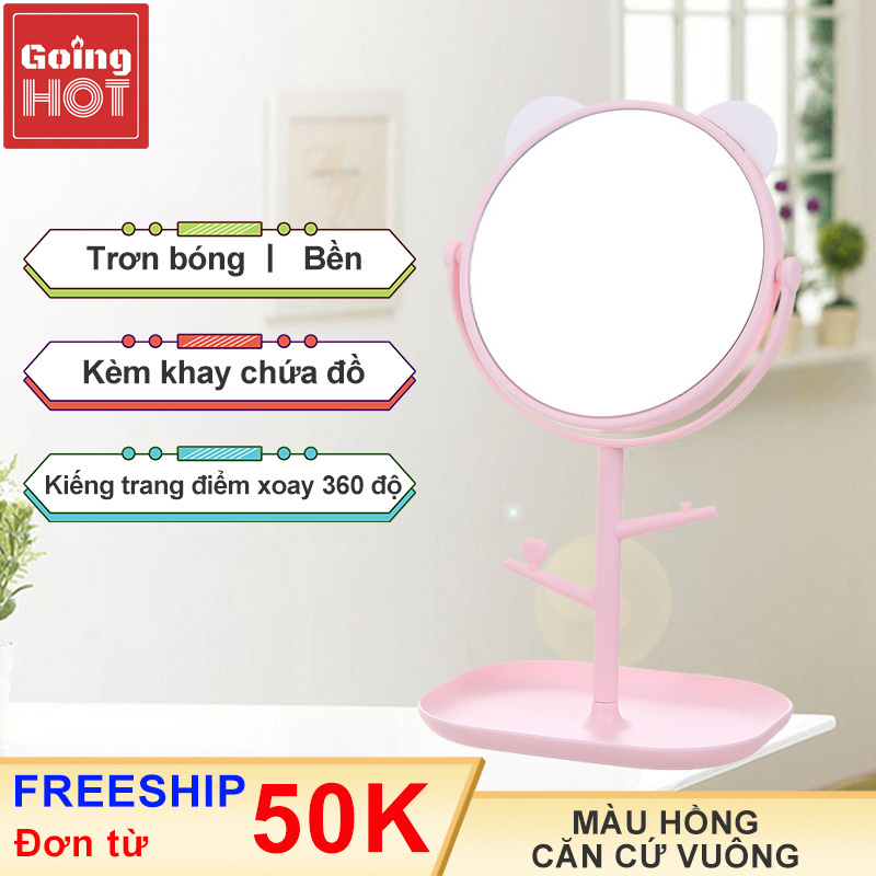 Gương trang điểm kiểu dáng tai mèo nữ tính dễ thương có thể xoay tiện dụng có móc treo trang sức phụ kiện