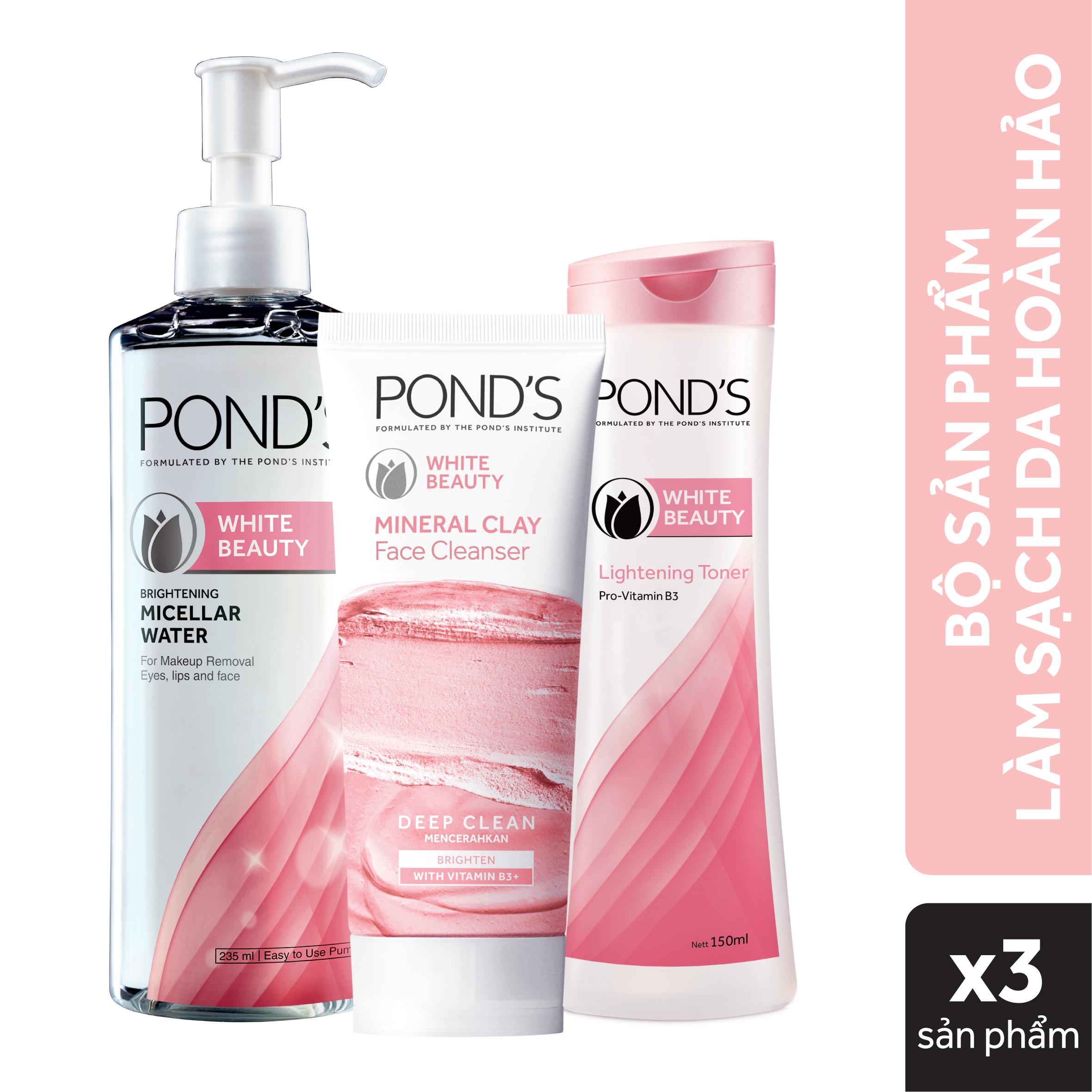 Bộ sản phẩm làm sạch da hoàn hảo Ponds (Sữa rửa mặt đất sét khoáng sạch sâu & sáng mịn 90g + nước tẩy trang White Beauty 235ml + nước hoa hồng White Beauty 150ml) tốt nhất