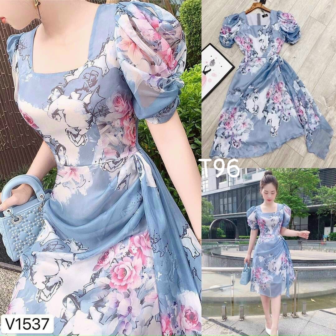 [HCM]Đầm lụa hoa dáng xoè tay phồng