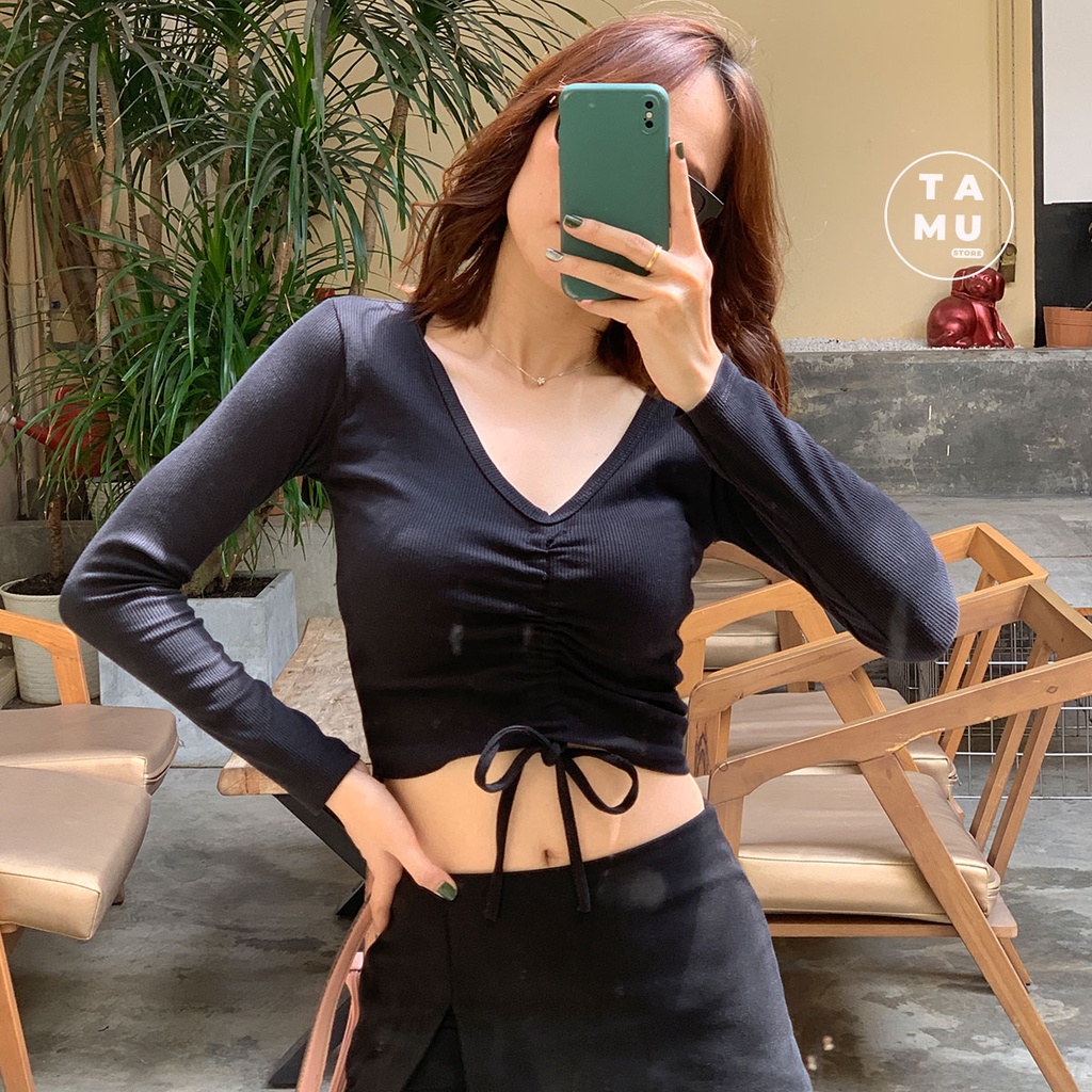 Áo croptop tay dài rút dây chất thun gân dày dặn kiểu dáng basic dễ phối đồ - CT08