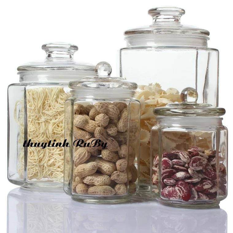 Hũ Thủy Tinh LỤC GIÁC Đựng Gia Vị 2000 Ml, Lọ Gia Vị Thủy Tinh, Hũ Đựng Thực Phẩm Khô, Hủ Lọ Muối dưa