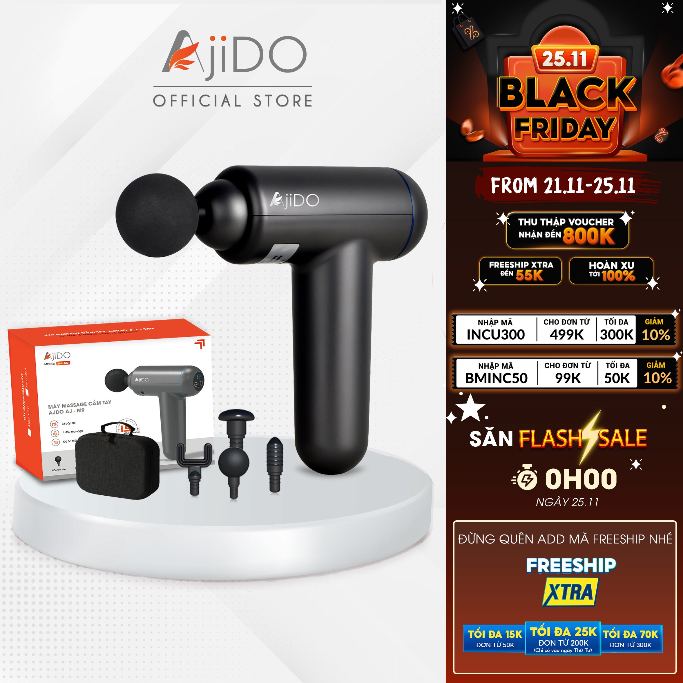 Máy Massage Cầm Tay AJIDO AJ - M9, 32 Cấp Độ, 4 Đầu Thay Thế
