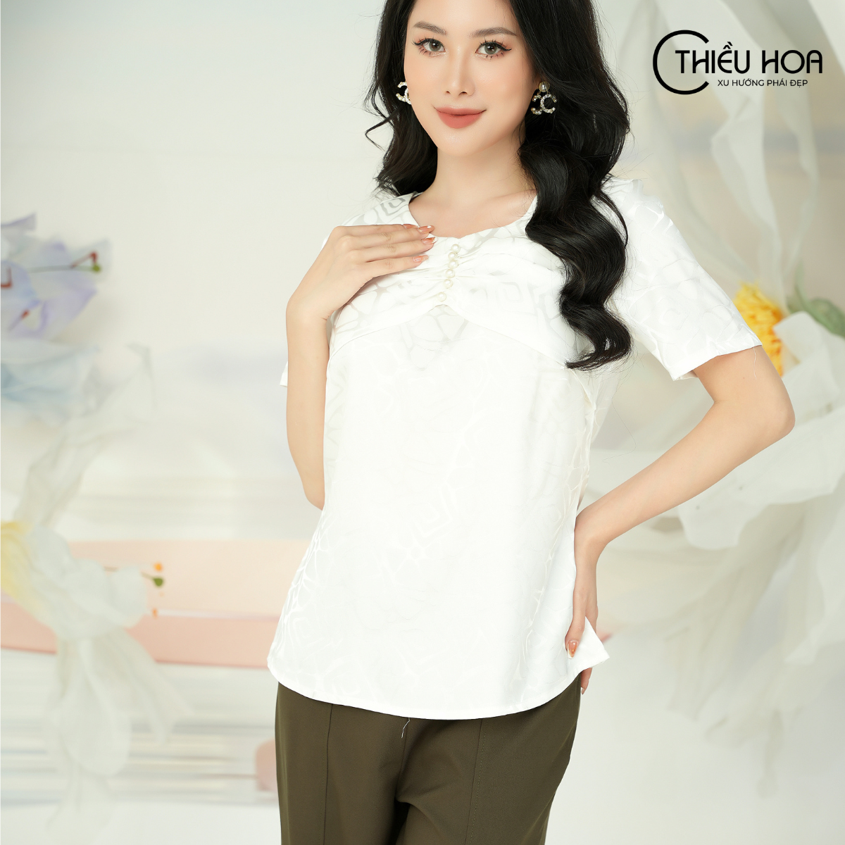 Áo lụa kiểu nữ thanh lịch, sang trọng thương hiệu Thiều Hoa L0910