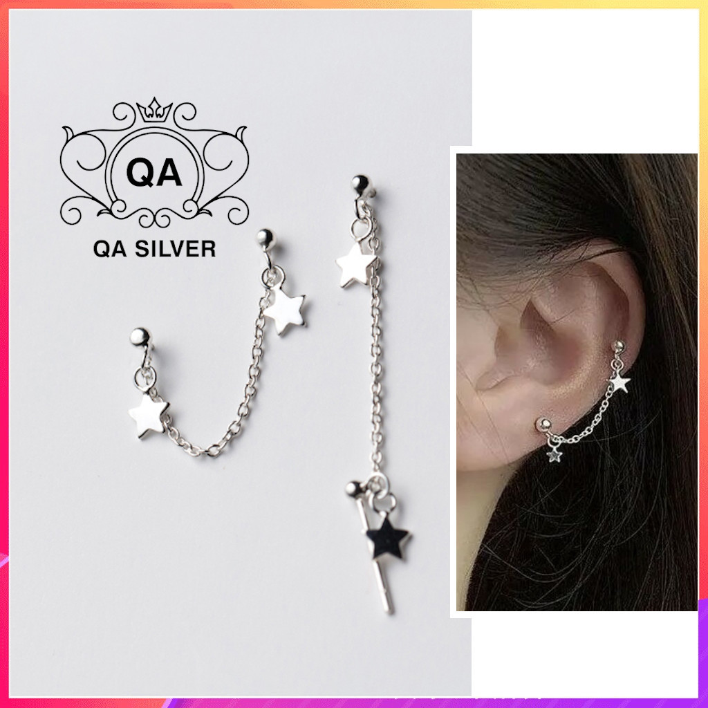 Khuyên tai bạc 925 ngôi sao 2 lỗ bông nữ kẹp vành S925 STAR QA SILVER Earrings EA210210
