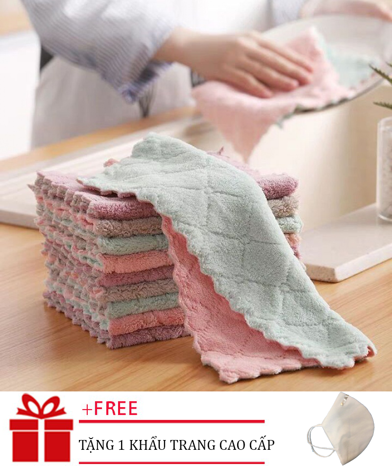 (Tặng Khẩu Trang Kháng Khuẩn Cao Cấp) Combo 10 khăn lau bếp siêu thấm hút 2 mặt siêu mịn làm sạch nhà bếp, khăn lau tay, khăn lau chén, khan lau bep, khan lau nha bep