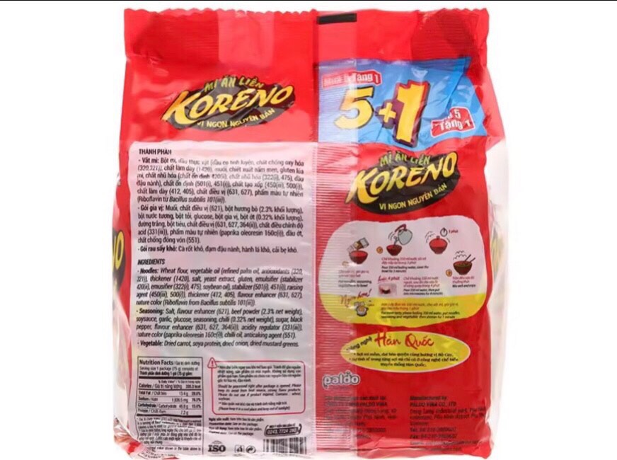 Lốc 6 gói Mì KORENO vị Bò Cay 75g.