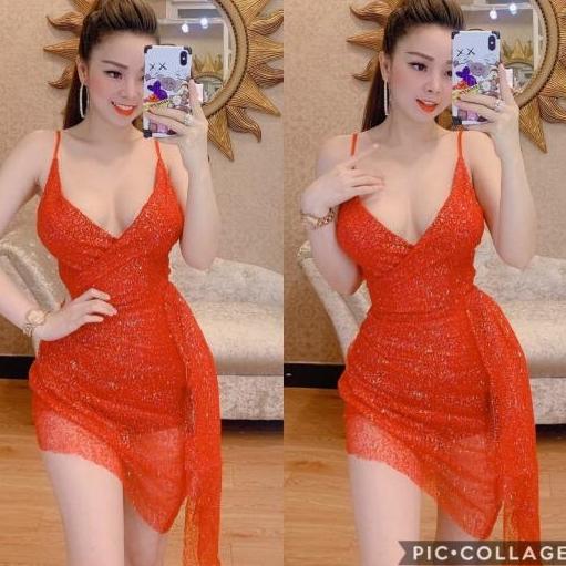 Đầm kim tuyến đắp chéo xéo tà hở ngực sexy