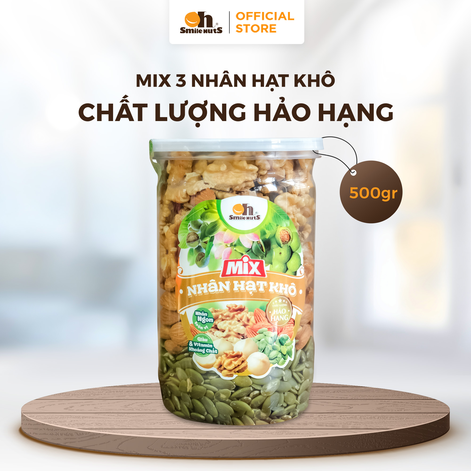 Mix Nhân Hạt Khô hộp 500g (Gồm Nhân Bí Xanh, Nhân Hạt Óc Chó, Hạnh Nhân tách vỏ nướng)