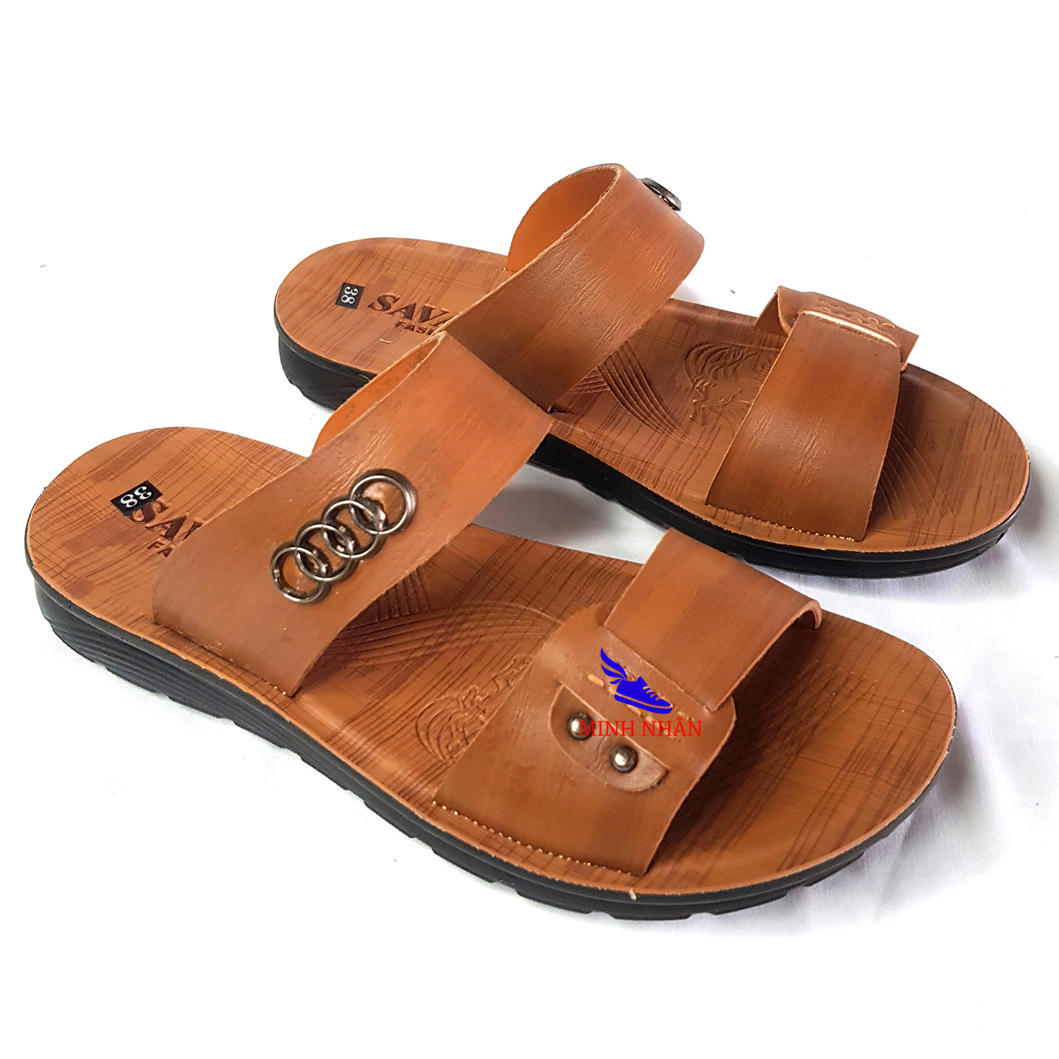 Minh Nhân - Dép da nam Q-22 Xăng đan Sandal nam da bò xịn quai ngang quai hậu cao cấp xuất khẩu thời trang đẹp giá rẻ màu vàng