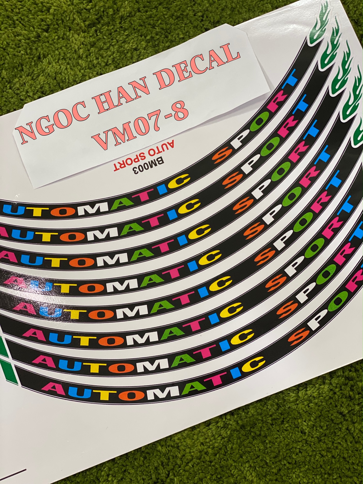 [HCM]Nguyên bộ tem Automatic 7 màu nền đen tia lửa xanh lá cây dán vành trước sau xe máy -- NGỌC HÂN DECAL