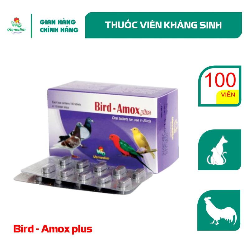 Vemedim Bird Amox plus chữa nhiễm trùng da, nhiễm khuẩn tiết niệu, hô hấp cho chó, mèo, gà đá, chim cảnh, hộp 100 viên