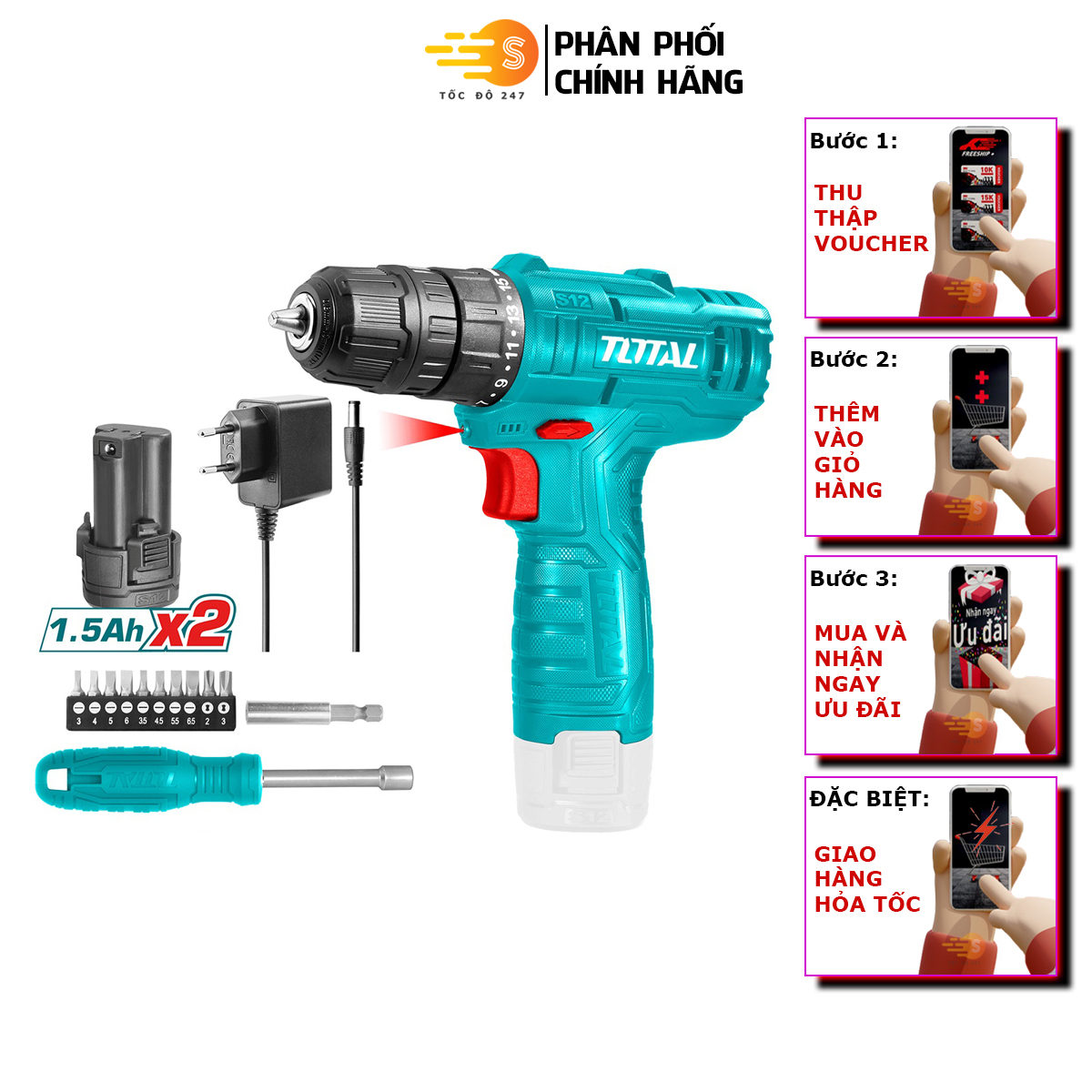 Bộ máy khoan, vặn vít dùng pin 12v có kèm bộ tua vít 13 chi tiết total tosli22111 - kèm 2 viên pin 1.5ah, có đèn led tích hợp, pin bền, công suất lớn - tốc độ 247