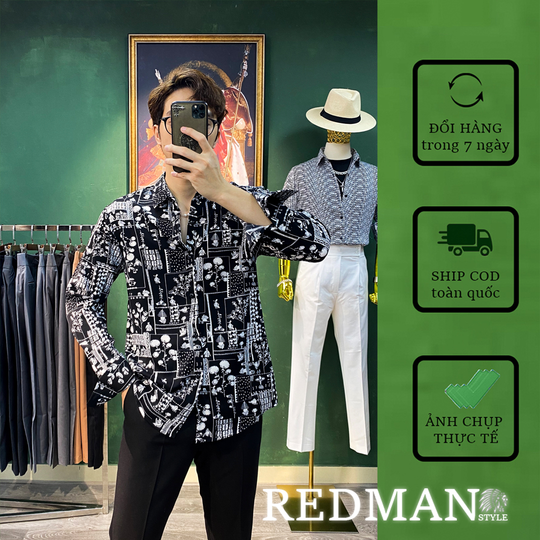 Áo Sơ Mi Nam Họa Tiết THỔ CẨM ĐEN S58 vải lụa Mango cao cấp [RedMan Style]