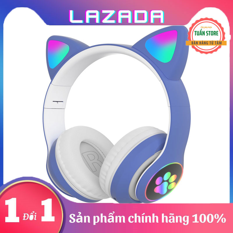 Tai nghe chụp tai Bluetooth mèo có đèn led chân mèo nhấp nháy dễ thương