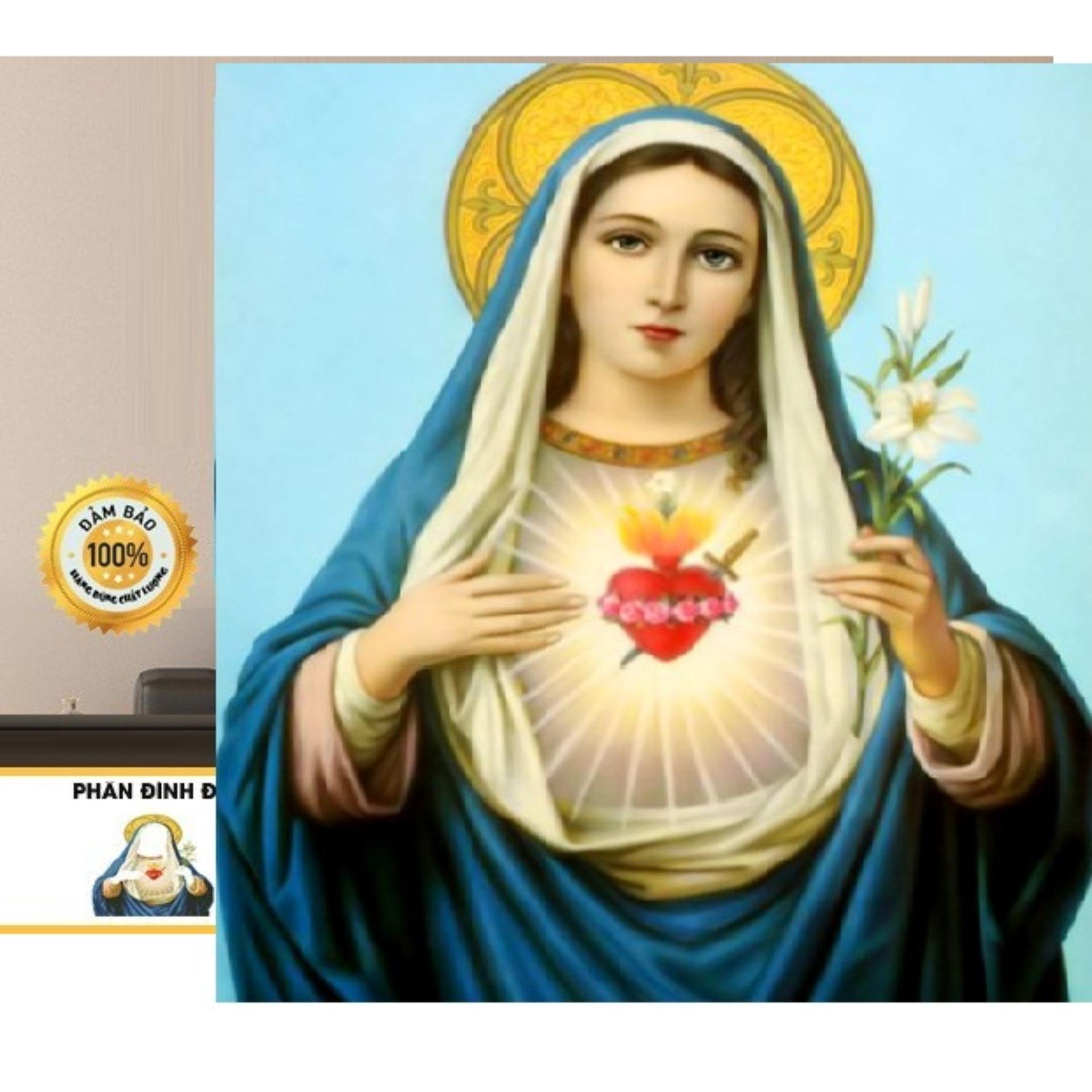 Tranh đính đá Đức Mẹ Maria cầm bông huệ trắng