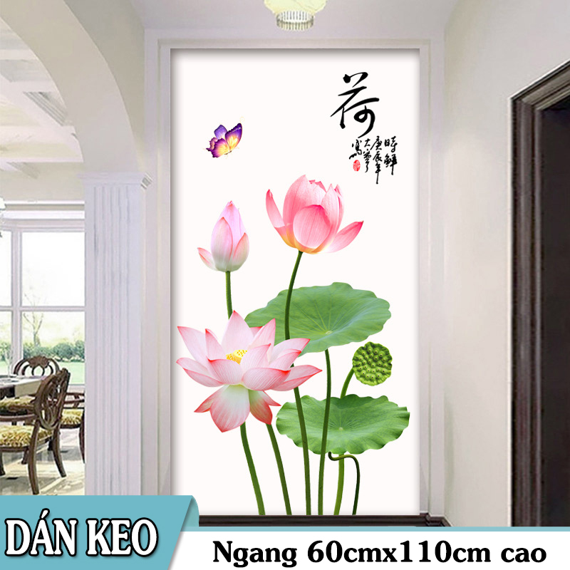 Decal trang trí tường - Hoa Sen cây dài 3D lá lớn tao nhã