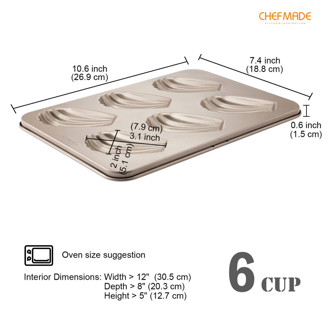 CHEFMADE 6 Cup Madeleine Pan Shell Mold Madeleine Baking Tray Non-stick Cup Cake Mold Bakeware Champagne Gold Professional Series WK9029