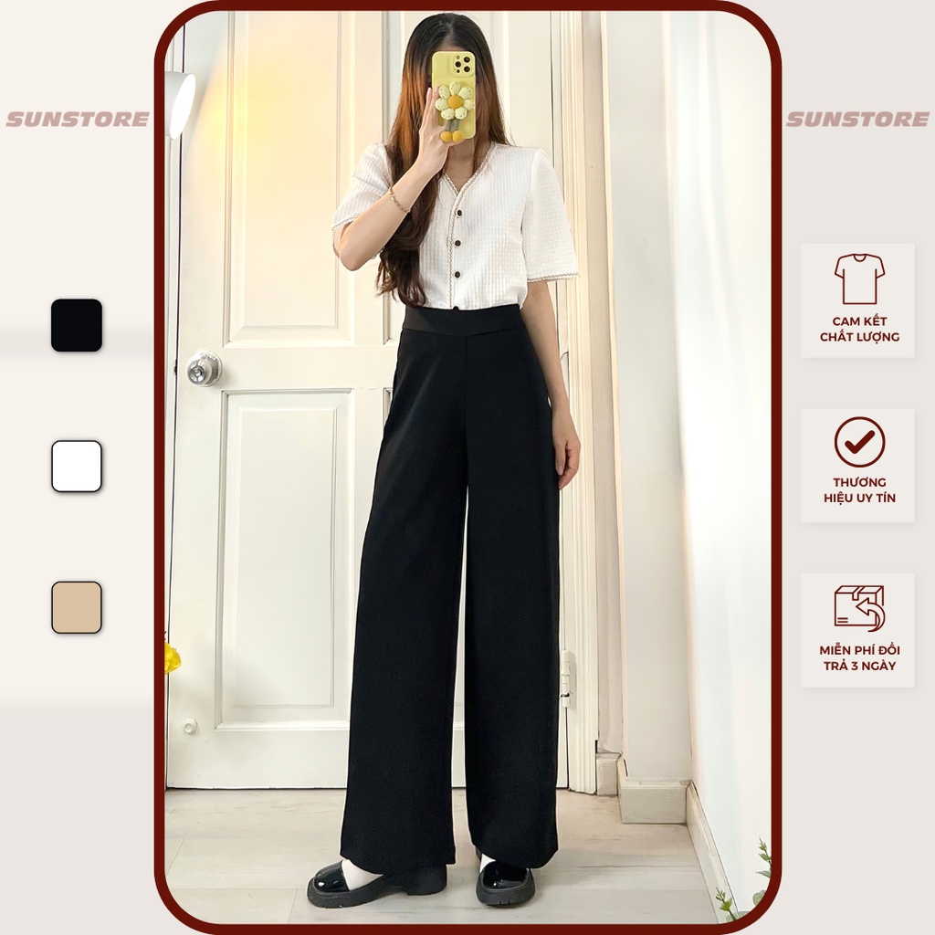 Quần ống rộng nữ lưng cạp cao vải culottes khoá sườn dáng suông dài chất dày màu đen be OriPant Q34 - Sunstore