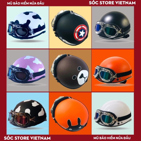 Mũ bảo hiểm xe máy♣✇∏  Mũ bảo hiểm nửa đầu 1 2 kính phi công Sóc Store nón bảo hiểm 1 2 kèm kính UV freesize