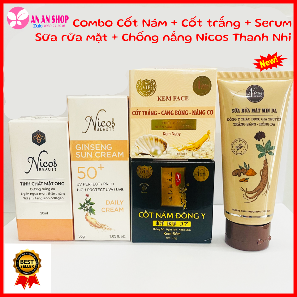 Combo cốt nám đông y nicos + cốt trắng + sữa rửa mặt + serum + kem chống nắng nicos thanh nhi