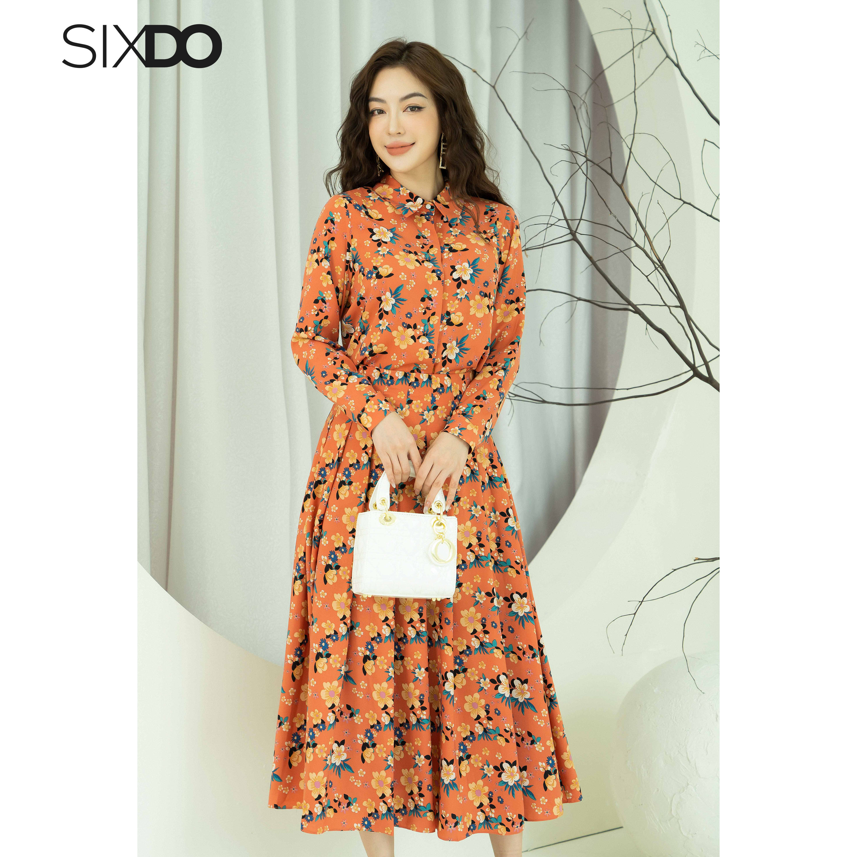 Áo sơ mi nữ lụa SIXDO (Orange Floral Long Sleeves Silk Top)