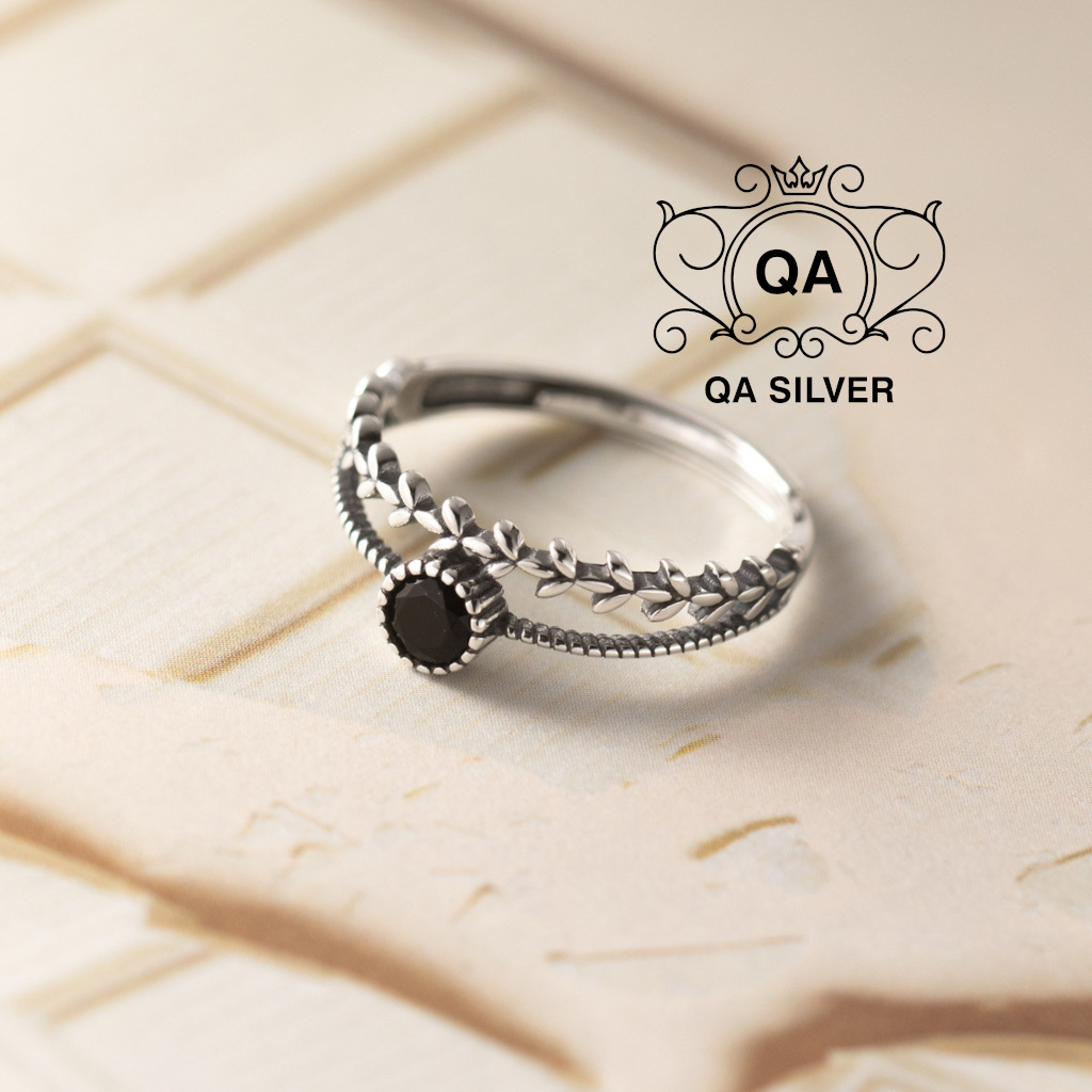 Nhẫn bạc 925 hai tầng mặt đá đen tròn lá nữ S925 LAYER QA SILVER Ring RI230503