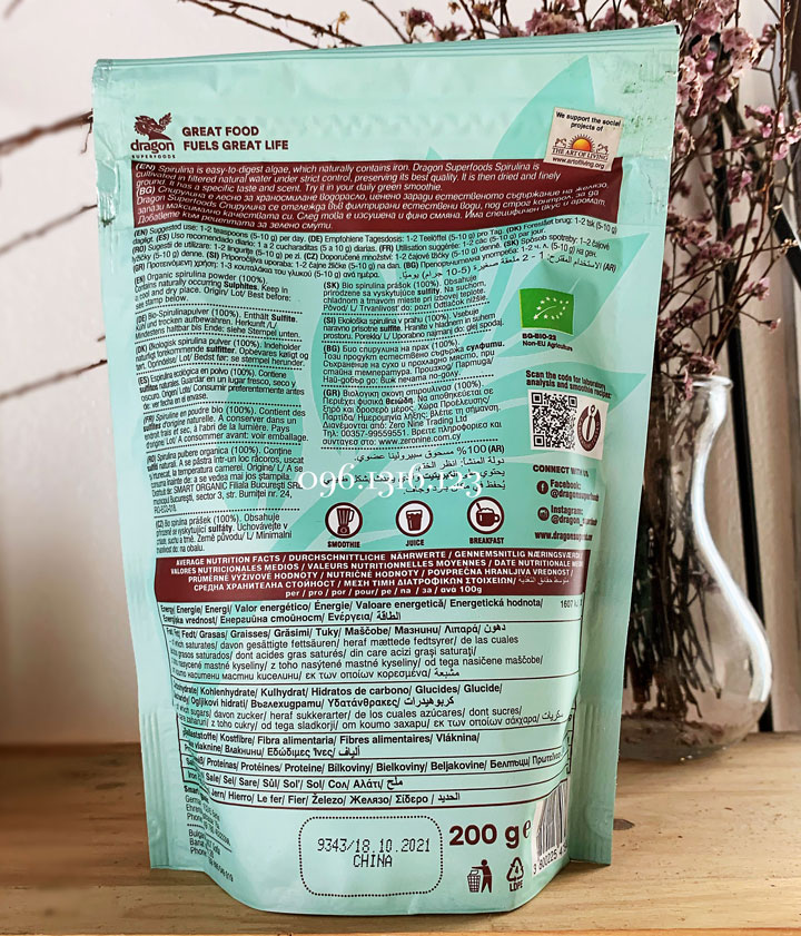 Bột tảo spirulina hữu cơ Dragon 200g