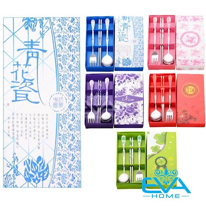 [HCM]Bộ Muỗng Đũa Nĩa Inox Hoa Văn Kèm Hộp Đựng Sang Trọng