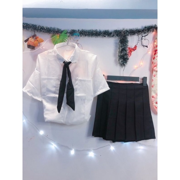 [HCM]Áo Sơ Mi Ulzzang Kèm Cà Vạt Phối Sét Hàn Quốc