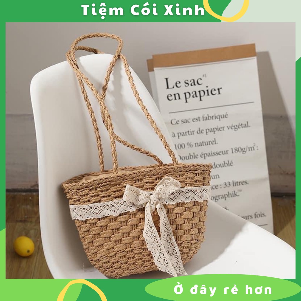 Túi cói đi biển đeo vai vintage phong cách hàn quốc siêu xinh