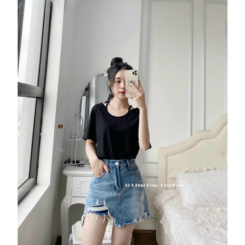 Quần bò giả váy nữ vạt lệch
