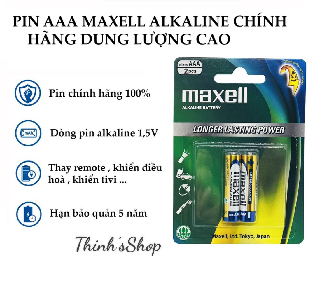 Vỉ 2 pin đũa AAA 1.5V Maxell Alkaline chính hãng dùng cho máy đo huyết áp, chuột vi tính, remote