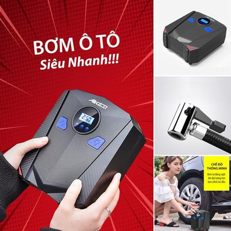 Bơm lốp ô tô xe hơi điện tử AIKESI tự ngăt -Máy bơm lốp xe ô tô, máy bơm lốp xe hơi, máy bơm lốp ô tô đa năng, máy bơm lốp xe ô tô mini, Đèn Led đồng hồ hiển thị áp suất điện tử