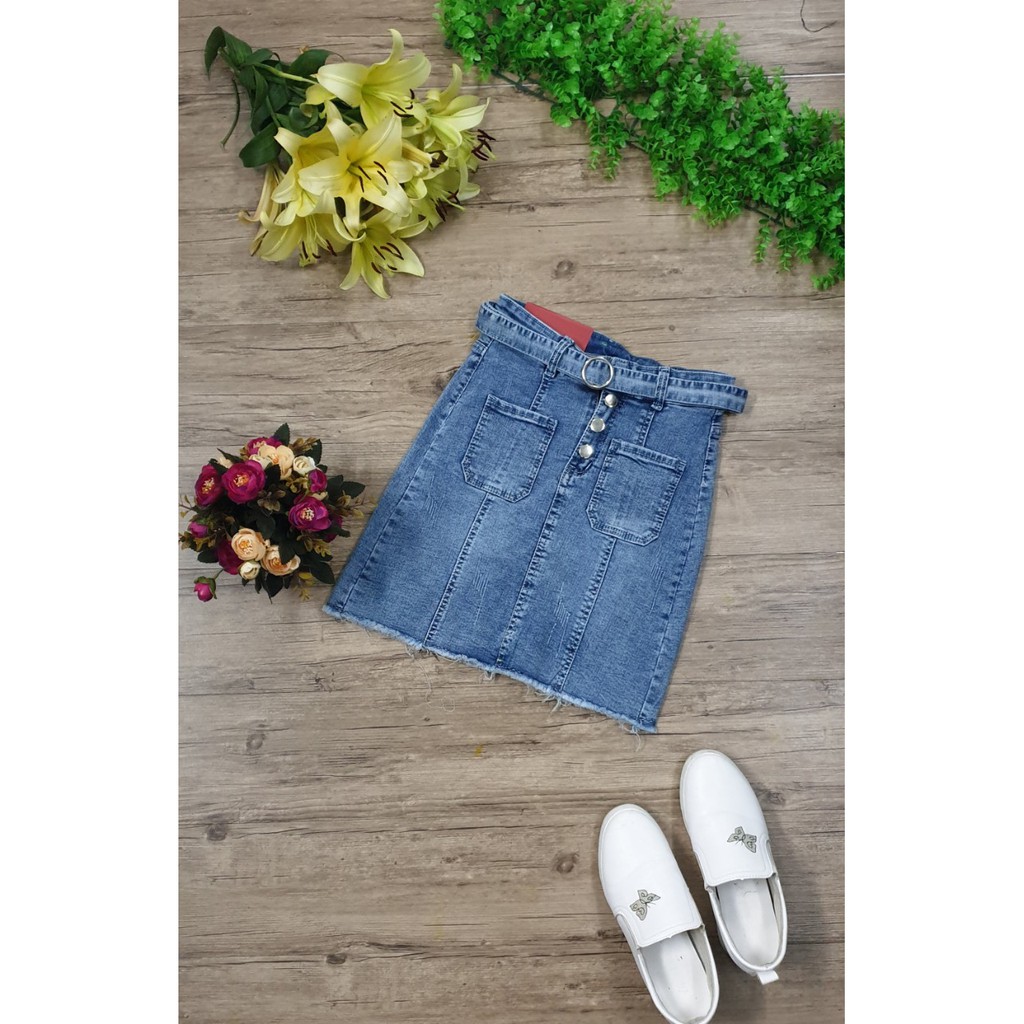 Chân Váy Jeans Xanh Kèm Đai Thời Trang [ Ảnh Thật ]