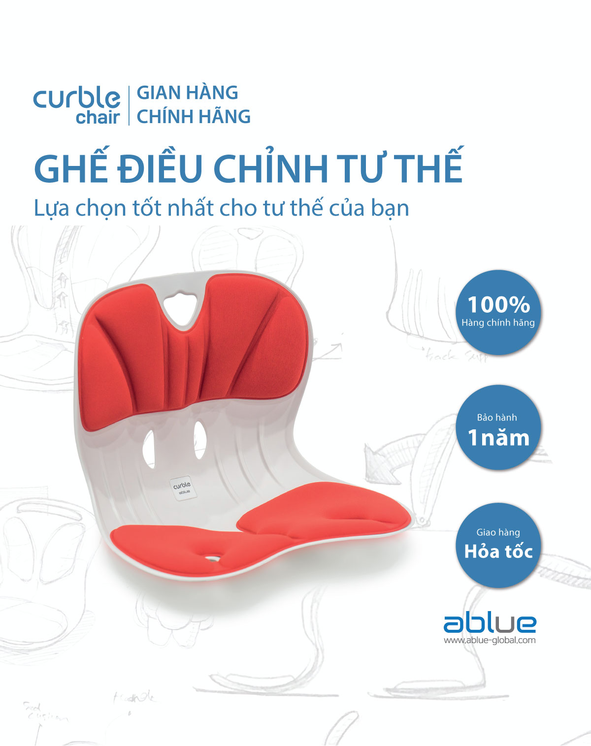 Ghế  chống gù Curble Chair Wider, phù hợp khoảng cân nặng 40-60kg, điều chỉnh tư thế ngồi, Hỗ trợ giảm áp lực cho cột sống Hàn Quốc [CHÍNH HÃNG ABLUE ]