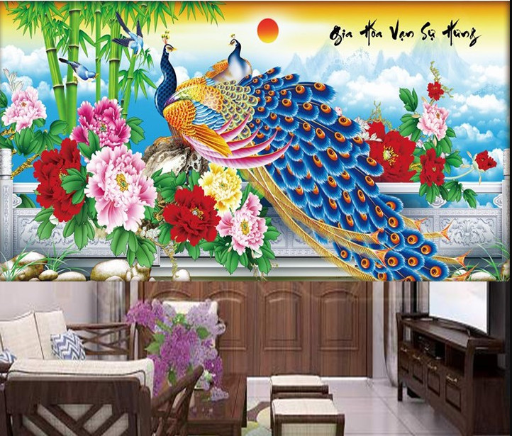 Tranh thêu chữ thập con công hoa mẫu đơn LV3256 - tự thêu