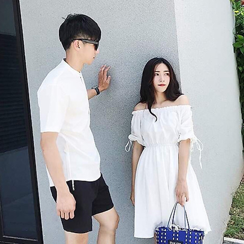 Áo váy đôi trắng trễ vai