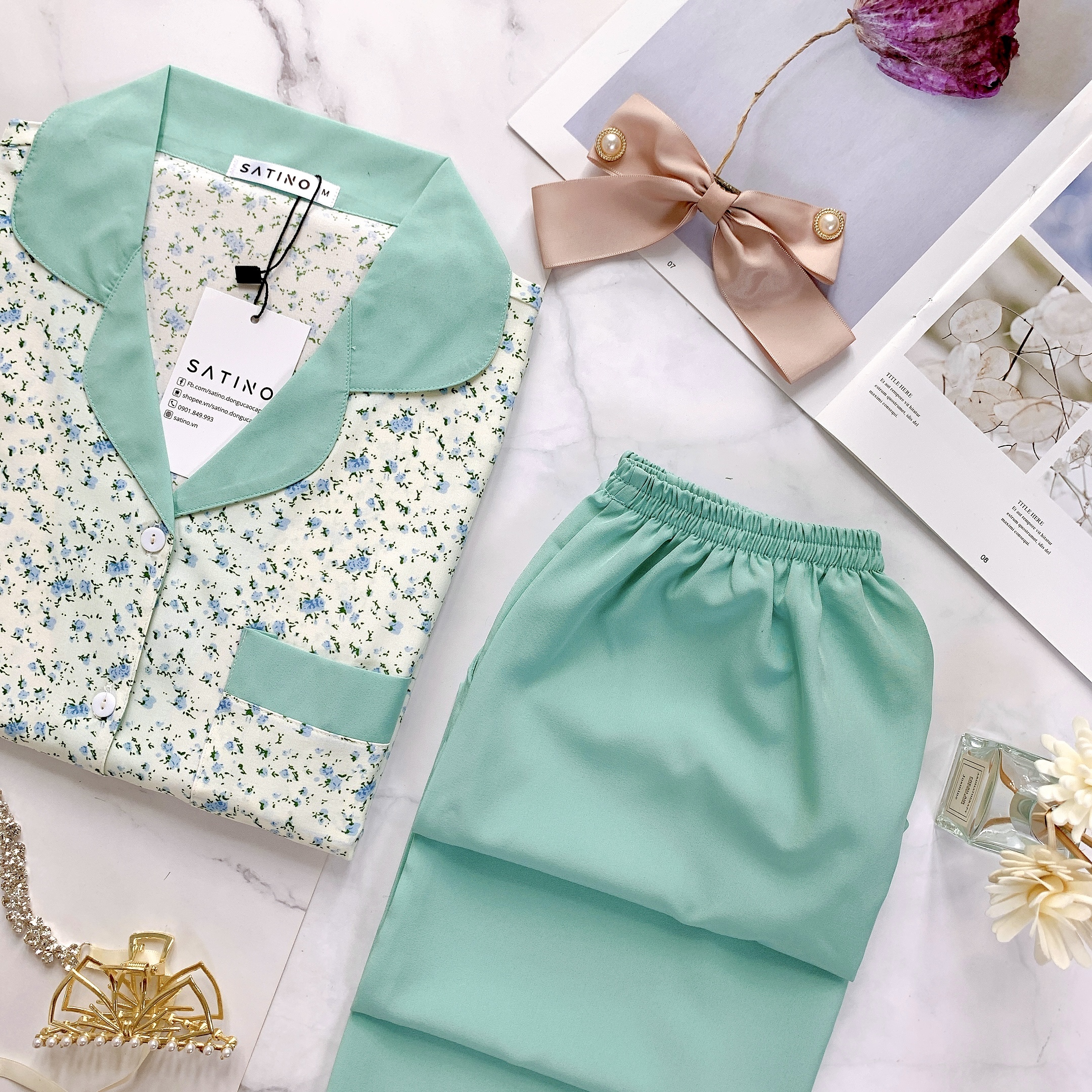 Pijama Tay ngắn quần dài Layla Mint [COMBO 3 BỘ 499K, 5 BỘ 779k ]