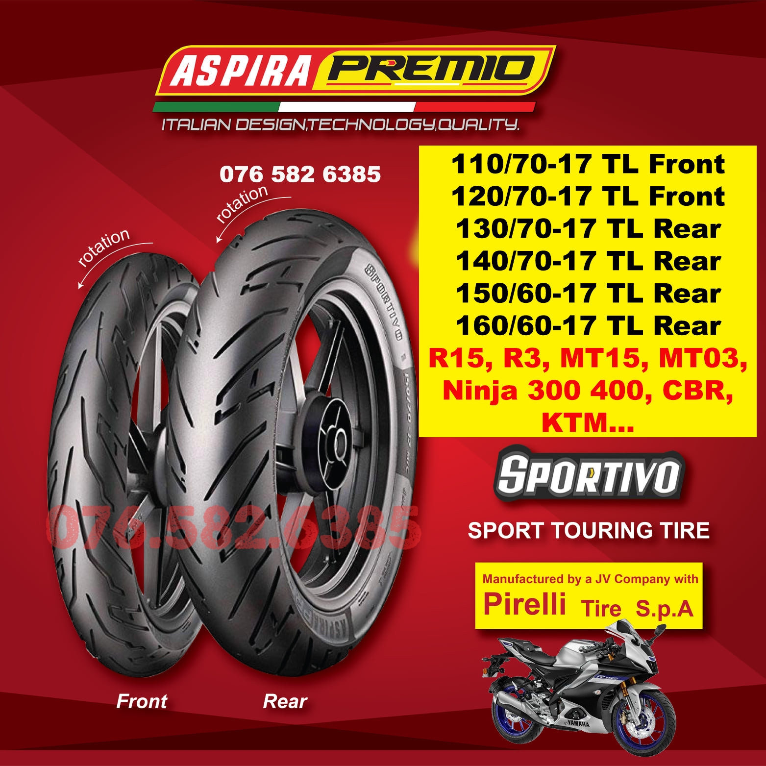 Vỏ lốp xe Aspira Sportivo size cho Motor R15 R3, MT15. Ninja 300 400